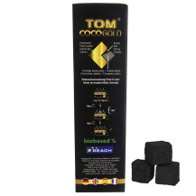 Uhlí Tom Coco Gold 3 kg - balení - pohled zboku a tři kostky uhlíků