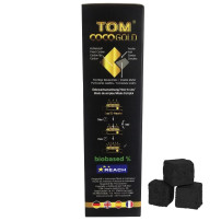 Uhlí Tom Coco Gold 3 kg - balení - pohled zboku a tři kostky uhlíků