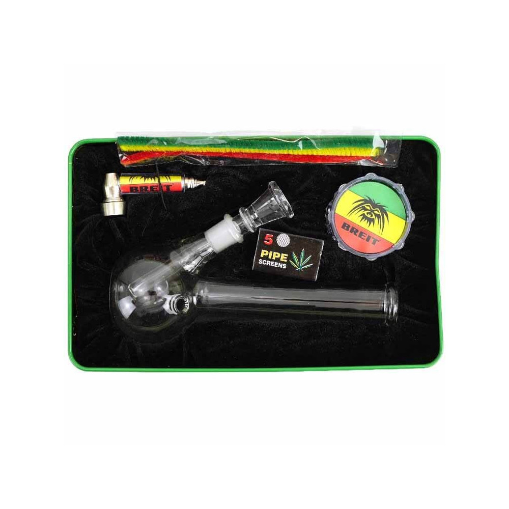 Bong set Breit - skleněné bongo, šlukovka, drtička, sítka a dýmkové čističe - pohled na set v krabici