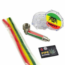 Bong set Breit - skleněné bongo, šlukovka, drtička, sítka a dýmkové čističe - obsah setu na bílém pozadí