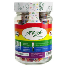 Cigaretové Filtry s aktivním uhlím Purize Extra Slim Rainbow 100 ks - uzavřená skleněná nádobka plná filtrů s barevnou etiketou