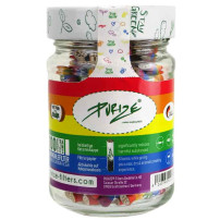 Cigaretové Filtry s aktivním uhlím Purize Extra Slim Rainbow 100 ks - uzavřená skleněná nádobka plná filtrů s barevnou etiketou
