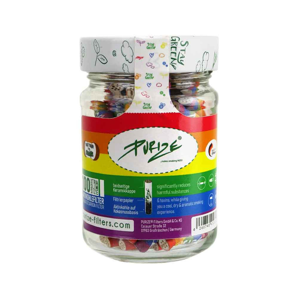 Cigaretové Filtry s aktivním uhlím Purize Extra Slim Rainbow 100 ks - uzavřená skleněná nádobka plná filtrů s barevnou etiketou