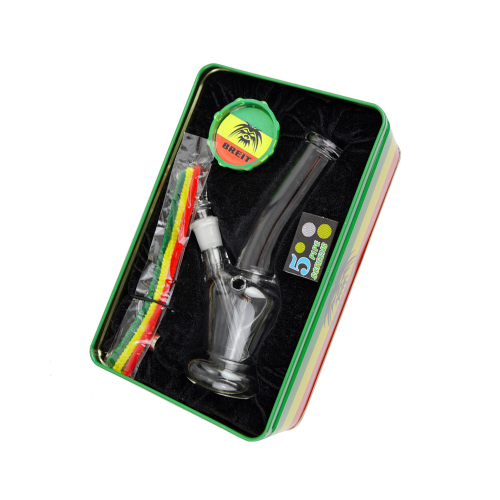 Bong set Breit 2 - skleněné bongo, šlukovka, drtička, sítka a dýmkové čističe