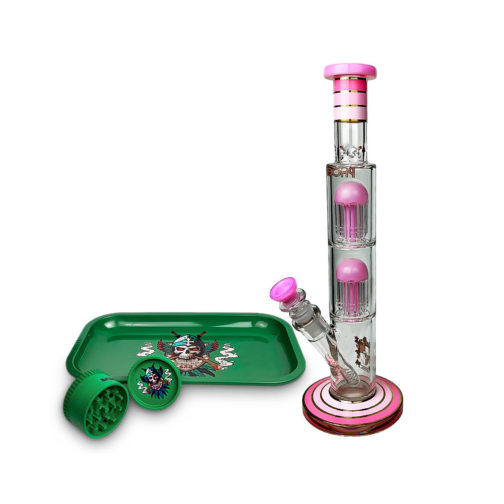 Skleněné bongo růžové barvy Phoenix double 8arm percs gold line v setu s Roll-Tray podnosem a drtičkou zelené barvy