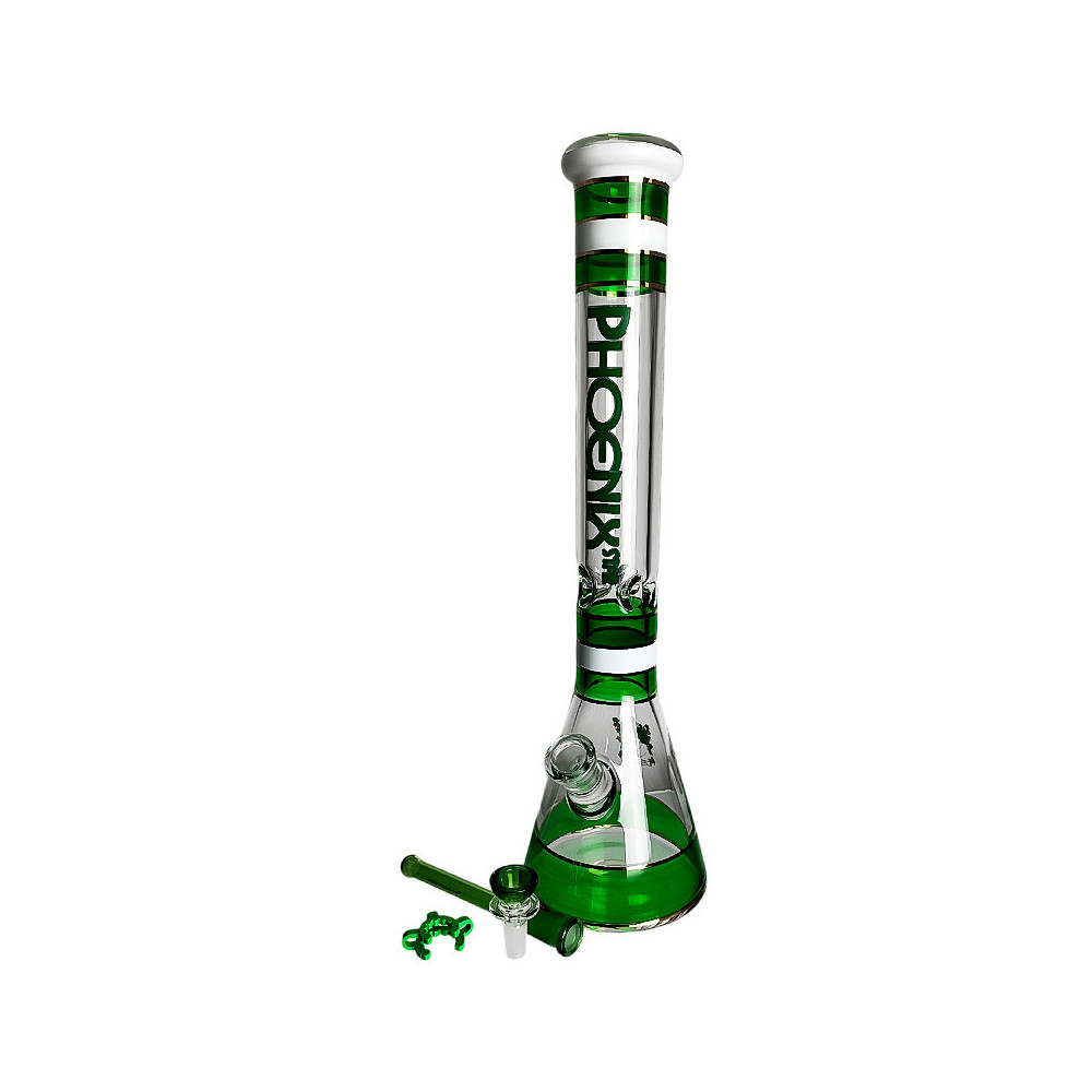 Skleněné bongo Phoenix beaker zelené barvy - vybraný downpipe a šluk
