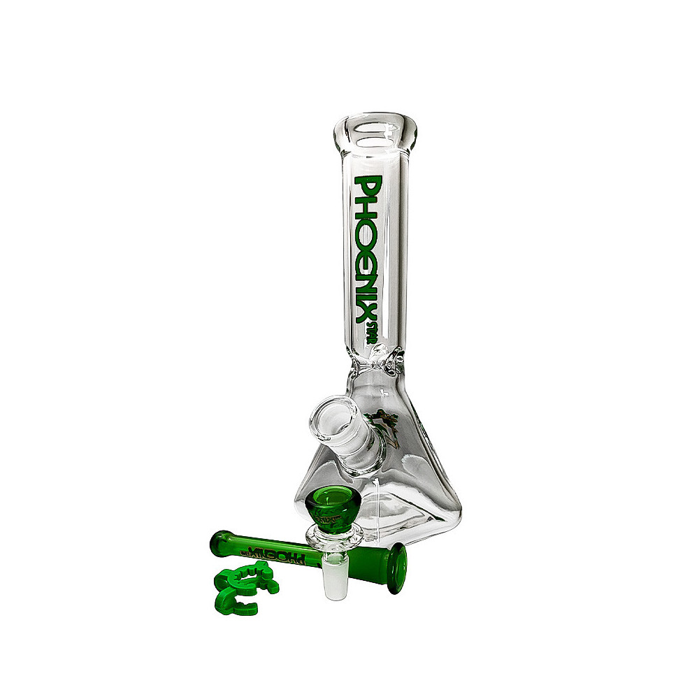 Skleněné bongo Phoenix square zelené barvy - vybraný downpipe a šluk