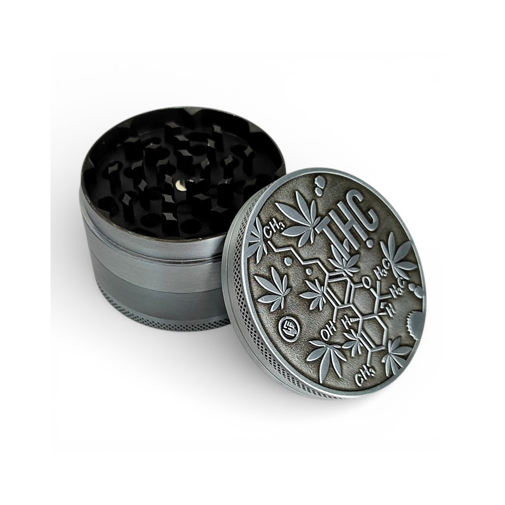 Grinder drtička 60mm/4 Silver THC Molecule - zepředu