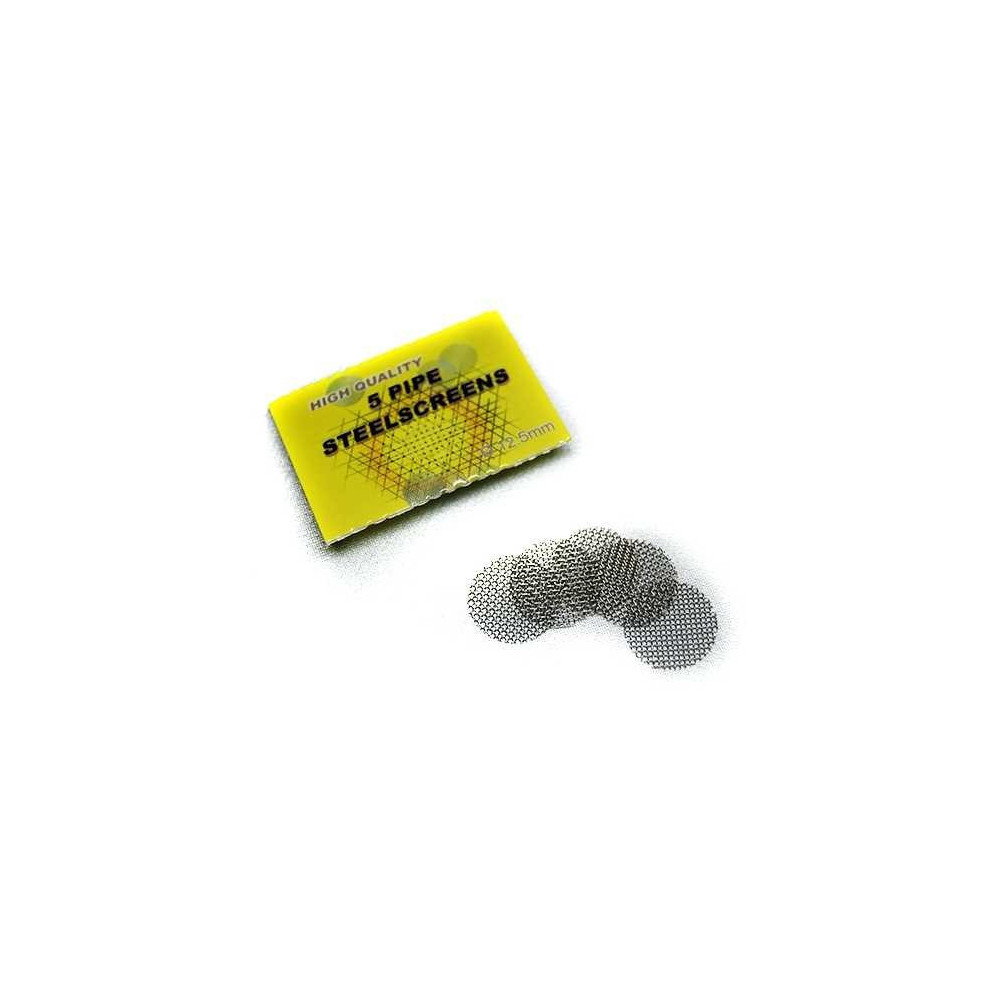 Malá sítka do dýmky a bongu 12,5 mm - sítka a jejich obal na bílém pozadí